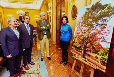 Ramiro Ibáñez, David Colina, Javier María García y Susana Domínguez contemplan una imagen otoñal del árbol.  J.J. Matías